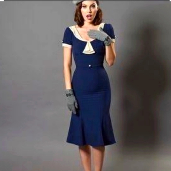 Stop Staring Raileen Navy & Cream 1940s Style Midi Dress Form Fitting Cap Sleeve - Picture 4 of 12